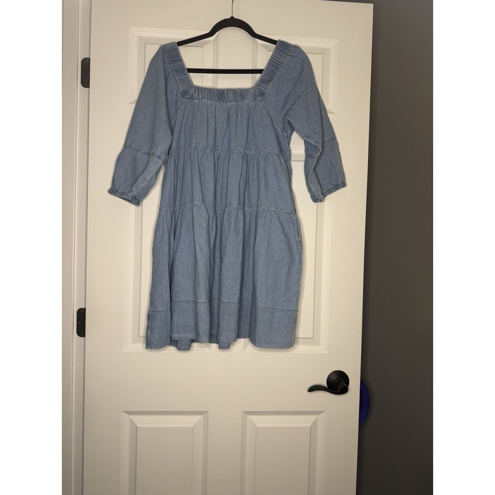Saints And Hearts Denim Babydoll Dress Square Neckline Large Blue